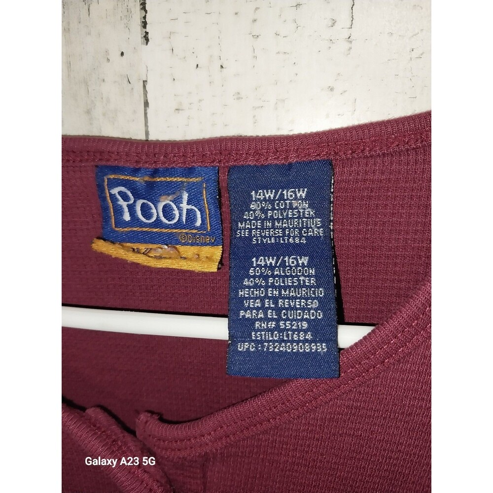 Pooh Womens Maroon T Shirt Henley Embroidered Tiger V Neck Long Sleeve 14W/16W - Picture 3 of 5